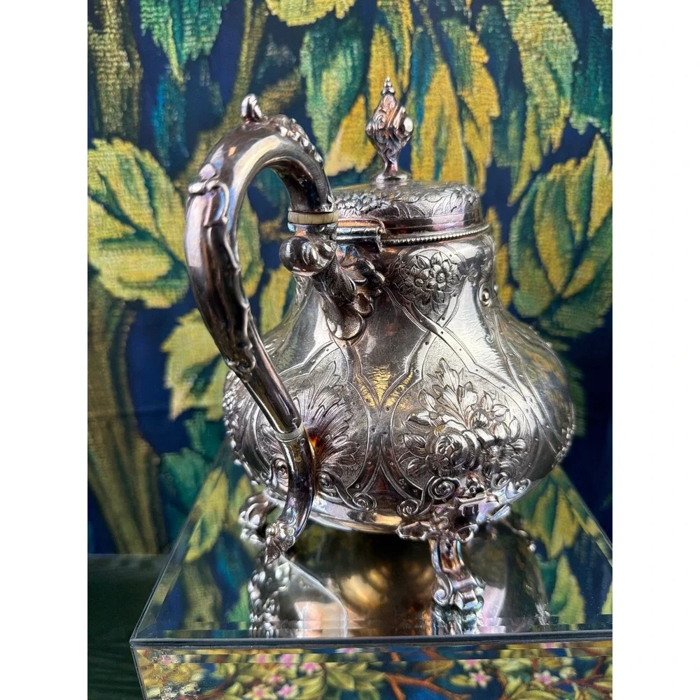 Antique Henry Graves Birmingham Silver Plate Teapot‎ Victorian Repousse Footed